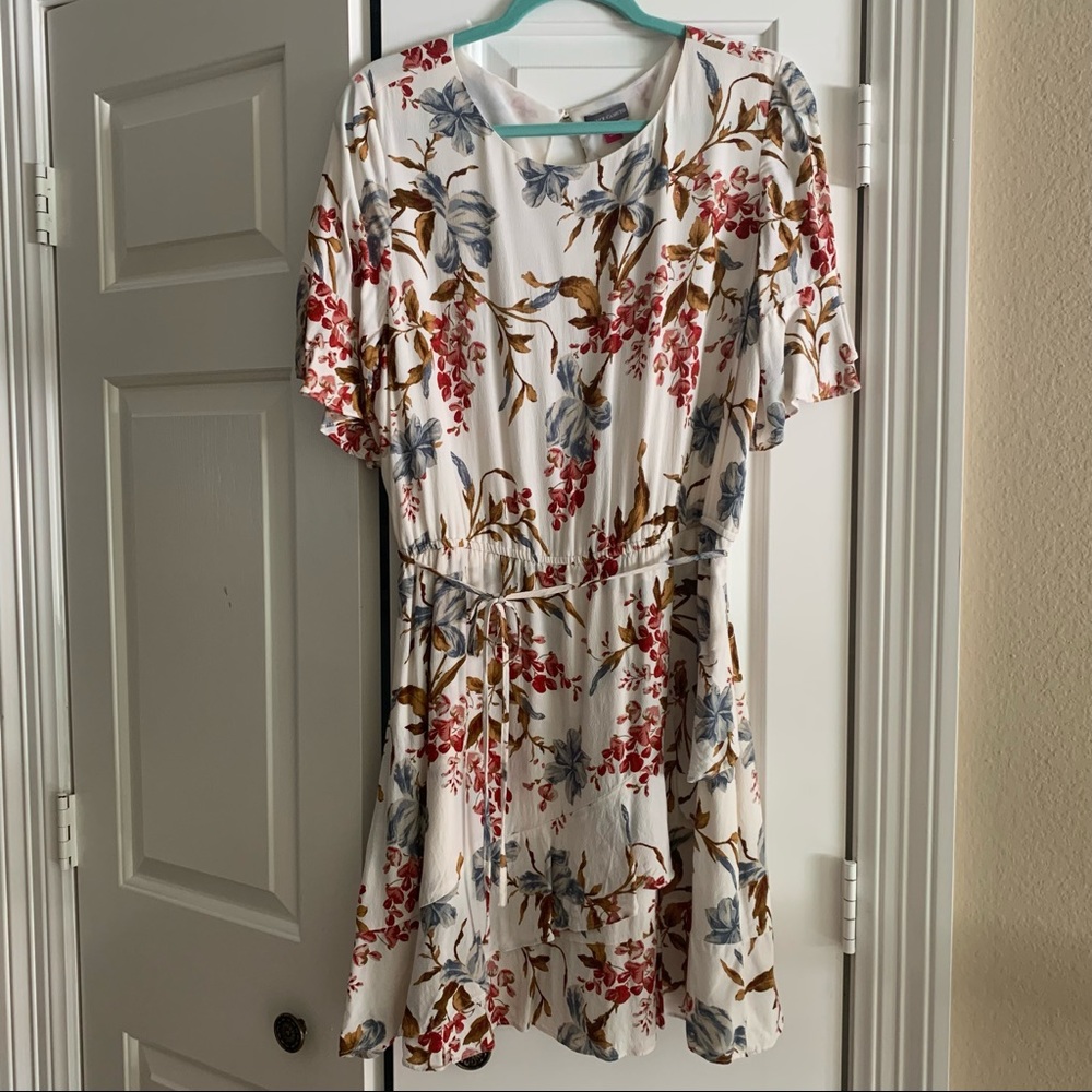 Vince Camuto midi dress - elastic waist - self tie - short sleeve - Size L